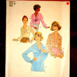 70s Front Button Blouse Long Self Ruffle Sleeves V Neck 3 Collar Views Flared Front Capelet n Tie Front Scarf FF Simplicity 7234 Bust 36