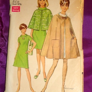 60s Bust 32.5 Dress Three Panel Front Rolled Collar Short Sleeves n Cape Below Elbow n Mini Lgth Front Slits n Pockets CMPLT Simplicity 7544