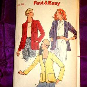 May include: Vintage Butterick sewing pattern, size 16, featuring illustrations of women's blazers. The pattern is labeled "Quick! Fast & Easy." The blazers are red, striped, and yellow. The pattern's cover is off-white with black and red text.