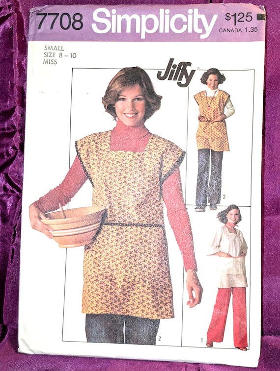 70s EASY Bust 31.5 32.5 Smock Apron Bias Tape Trimmed w Attached Back Ties Square Banded Neck Cap or Below Elbow Sleeves FF  Simplicity 7708
