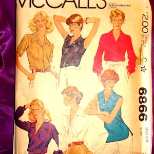 May include: Vintage McCall's sewing pattern envelope featuring illustrations of blouses. The envelope is tan with the McCall's logo and the number 6866. The illustrations depict various blouse styles in different colors.