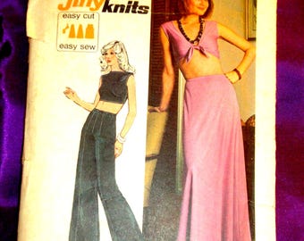 70s EASY Stretch Knit Reversible Midriff Baring Top V Front or Back Neck Tie Close n Flared Maxi Skirt NO PANTS Simplicity 6410 Bust 31.5