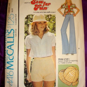 70s Front Button Flared Crop Top Two Lengths Short Puff Raglan Sleeves w Bands Flared Pants Shorts Brimmed Hat CMPLT McCalls 4416 Bust 31.5