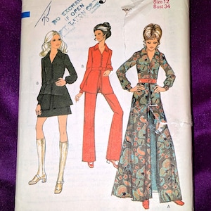 70s Bust 34 Maxi Coatdress or Tunic Front Button Loop to Waist Pointed Collar Long Sleeves A Line Mini Skirt Flared Pants CMPLT Style 2823