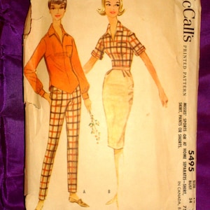 60s Bust 34 Separates Pullover Shirt w Pointed Hemline Short  Long Sleeves Slim Skirt Tapered Pants Jamaica Shorts CMPLT McCalls 5495