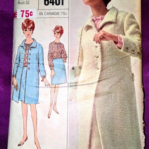 May include: A Simplicity sewing pattern envelope, number 6401, for a miss size 12 with a 32-inch bust. The cover features illustrations of a coat and skirt ensemble in blue and a cream-colored textured coat worn over a pink blouse.
