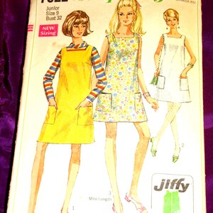 May include: A Simplicity 7622 sewing pattern envelope for a junior size 9, bust 32 dress. The illustration shows three variations of a sleeveless mini dress with patch pockets, including a solid yellow version, a floral print, and a white version.