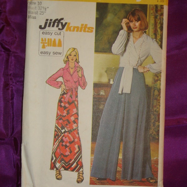 70s EaSY Front Wrap Blouse V Neck Long Full Sleeves Wide Leg Palazzo Suite Pants Straight Evening Skirt CMPLT Simplicity 6020 Bust US 32.5