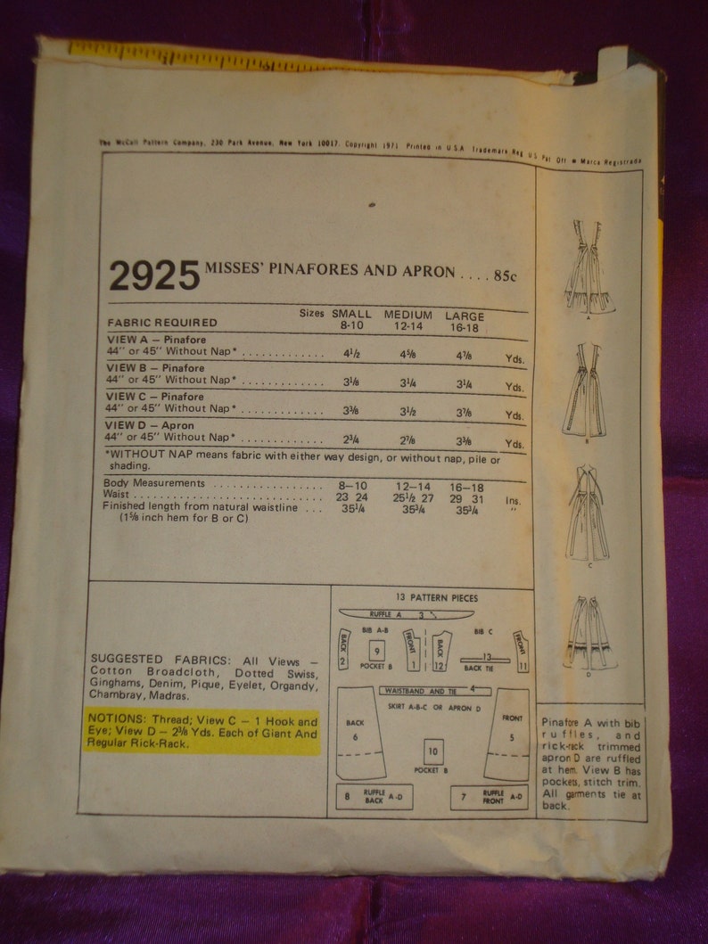 70s Prairie Mid Calf Lgth Pinafore Bib Apron Opt Ruffled Bib n Hem n Half Apron w Ruffled Hem CMPLT McCalls 2925 Waist US 25.5 27 CM 65 69