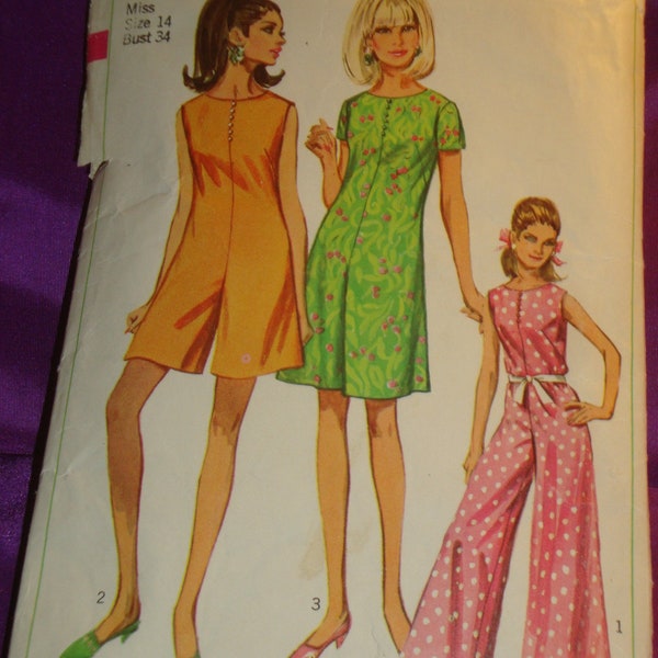 60s Mod BoHo Wide Leg Jumpsuit Mini Above Knee n Ankle Length Round Neck Slvls n Short Sleeves CMPLT Simplicity 7139 Bust US 34 CM 87