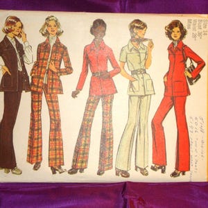May include: Vintage Simplicity sewing pattern featuring illustrations of women in flared pantsuits. The pattern includes a size 14 with a 36-inch bust and a 28-inch waist. The pattern's price is $1.00.