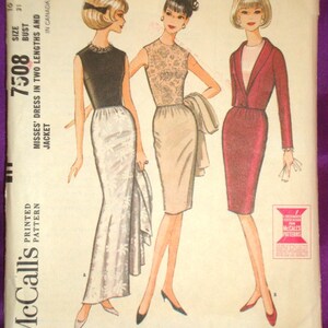 May include: Vintage McCall's sewing pattern 7508 featuring illustrations of three dresses and a jacket. The pattern includes a dress in two lengths. The size is 10, with a 31-inch bust. The pattern is printed.