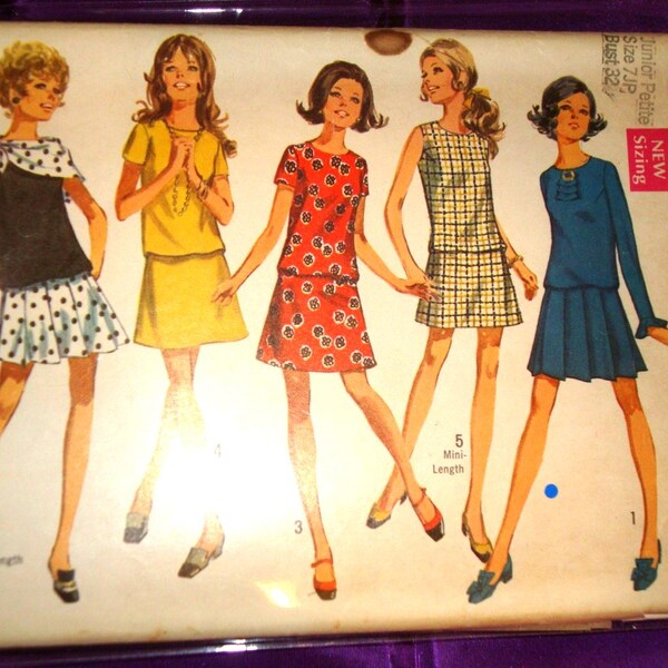 Vestido estilo años 60, busto 32, talla 7, estilo juvenil, falda plisada o en forma de A, 2 largos, sin mangas, mangas cortas y largas, con bufanda, CMPLT Simplicity 8310