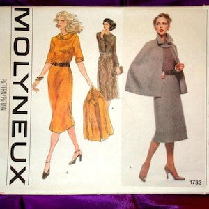 May include: A vintage sewing pattern featuring illustrations of women's dresses and a cape. The pattern is labeled "Molyneux" and "Vogue Paris Original." The main image shows a woman in an orange dress with a matching jacket.