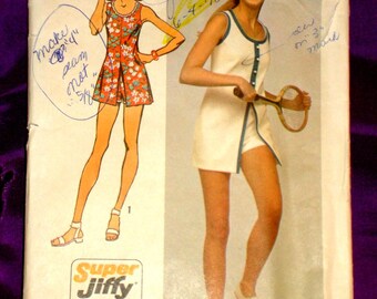 70s EASY Micro Mini Length Tennis Biking Dress U Neck Sleeveless Center Front Slit Elastic Waist Shorts CMPLT Simplicity 9966 Bust 31.5 34