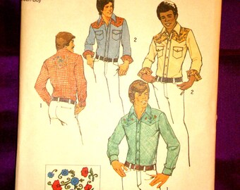 70s Teen Chest 35 36.5 Western Shirt Front Button or Snap Close Shaped Yokes Long Sleeve Opt Patch Pockets Embrdry Trnsfr FF Simplicity 6693