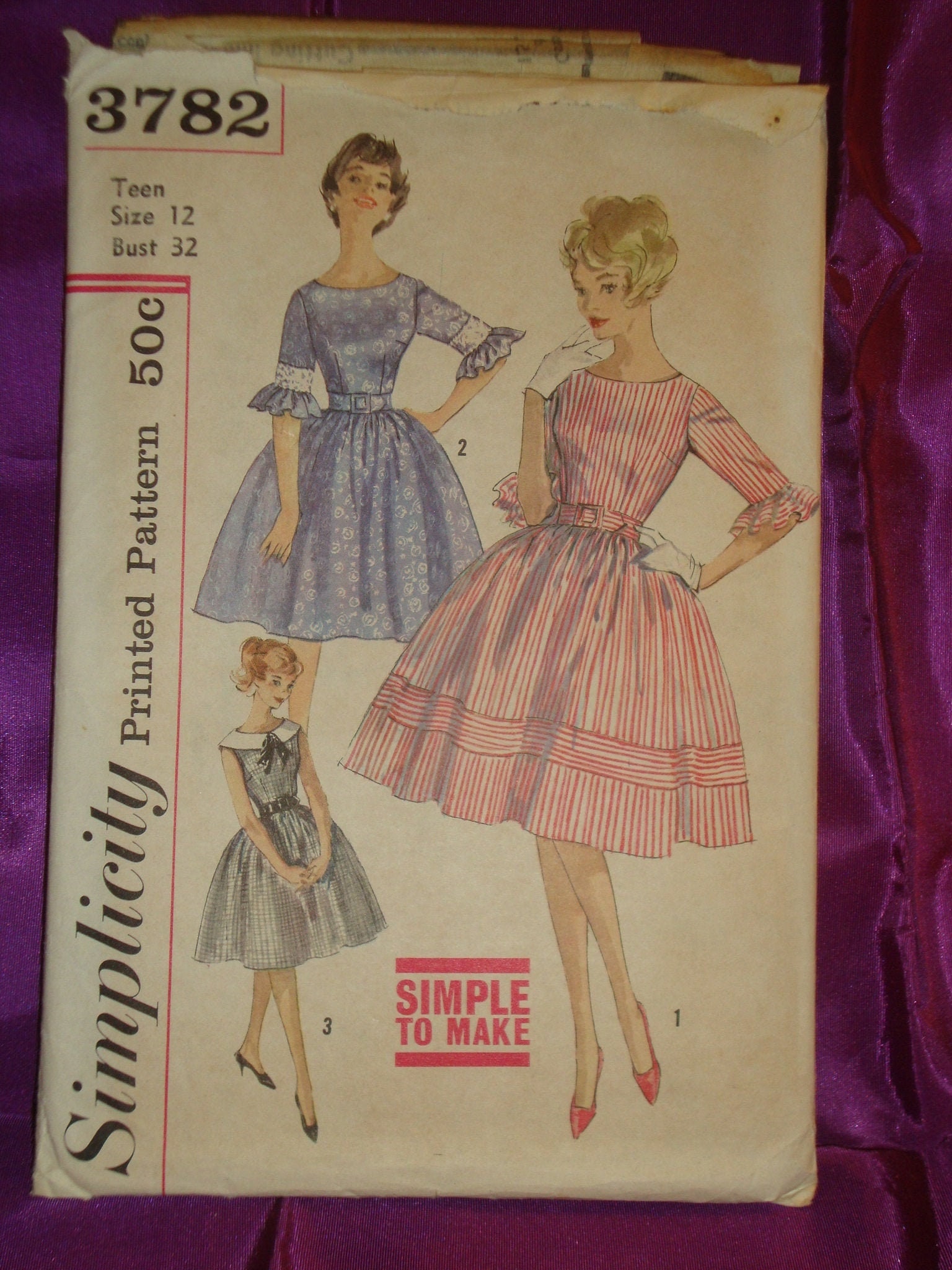 60s EaSY Dress Low Round Neck Opt Collar Full Skirt w Opt Band Slvls n Elbow Length Sleeves w Ruffle CMPLT Simplicity 3782 Bust US 32 CM 81