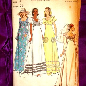 May include: Vintage Butterick sewing pattern featuring illustrations of four different wedding dresses. The pattern is size 14 with a bust size of 36 inches. The cover has the text "Butterick THE FASHION ONE".