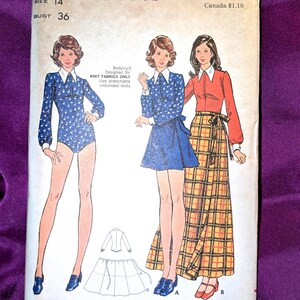 May include: A vintage Butterick 6879 sewing pattern envelope for a bodysuit and skirt. The cover features illustrations of three outfits: a blue floral bodysuit, a blue bodysuit with a skirt, and a red long-sleeve top with a yellow plaid skirt.