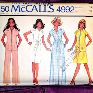 May include: Vintage McCall's 4992 sewing pattern featuring illustrations of women's clothing designs. The pattern includes a dress, jacket, skirt, and pants. The package displays the price, size 14, and bust measurement of 36 inches.