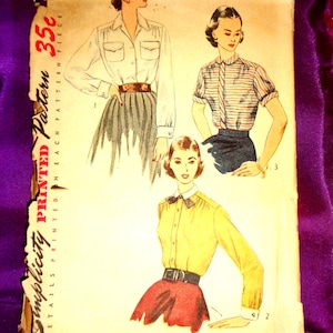 May include: Vintage Simplicity printed sewing pattern featuring illustrations of women's blouses. The pattern shows three blouse designs, including a white button-down with pockets, a striped short-sleeve, and a yellow blouse with a bow. The price is 35 cents.