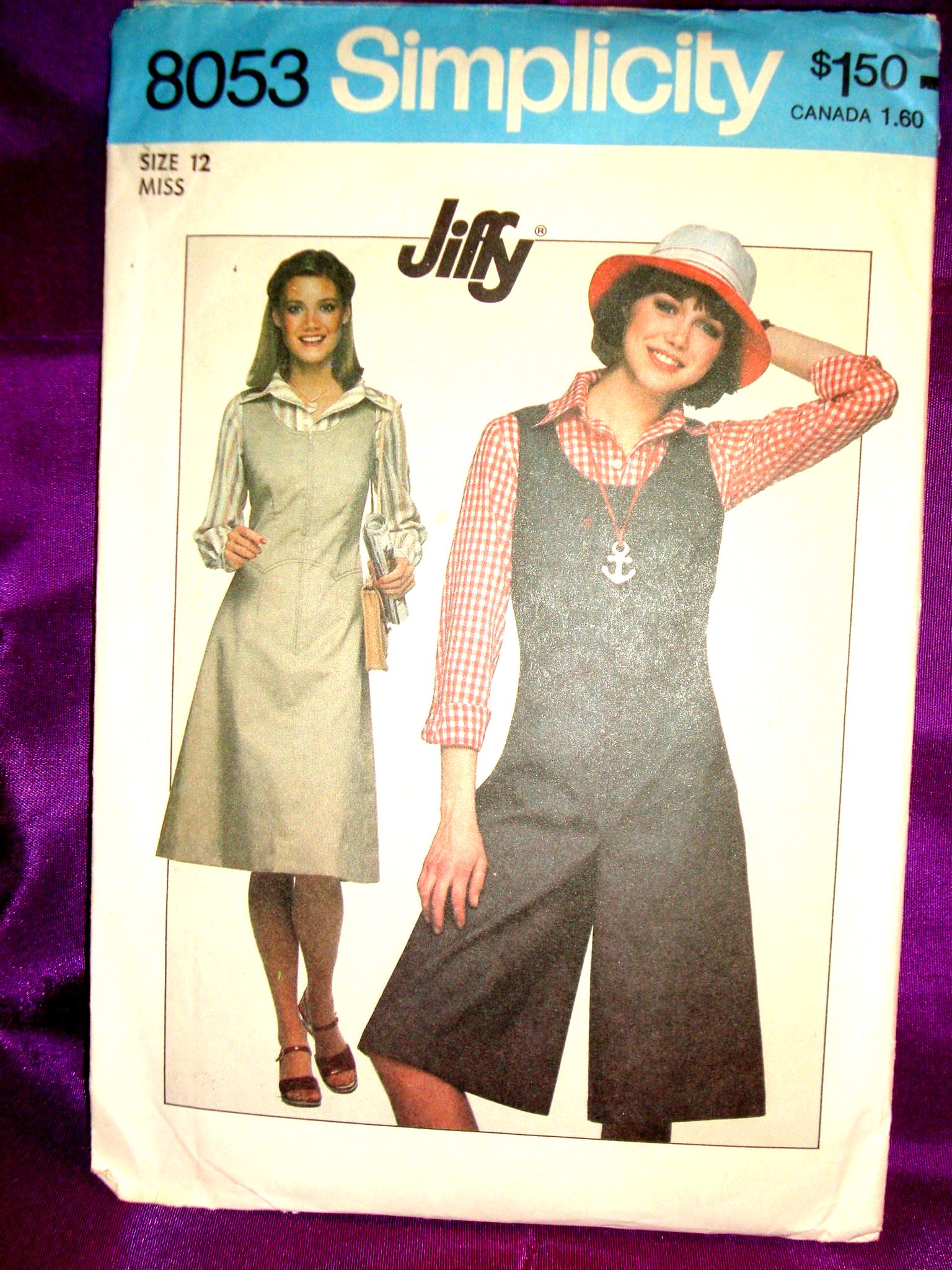 70s EASY Sleeveless A Line Dress Jumper or Culotte Dress Knee Length Front Zipper Close Scoop Neck CMPLT Simplicity 8053 Bust 34