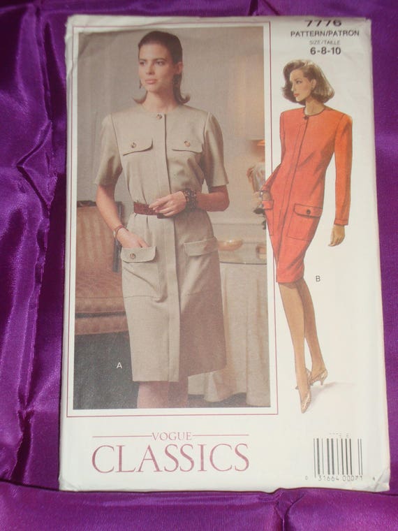 90s EaSY Straight Dress Hidden Front Button Closure Flapped Pockets Short n  Long Sleeves FF Vogue 7776 Bust US 30.5 31.5 32.5 CM 78 80 83