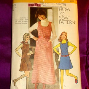 70s EASY Mod BoHo Mini n Maxi Dress Jumper A Line Round Scoop n Square Neck Opt Shaped Pockets Button Trim CMPLT Simplicity 5203 Bust 34