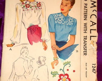 40s Bust 30 Pullover Blouse Floral Embroidered Yoke n Cuffs Slit Neck w Tie Short n Long Full Sleeves n Embroidery Transfer FF McCall 1247