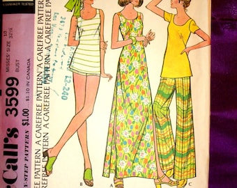 70s EASY Separates Maxi Dress n Tunic Sleeveless n Short Sleeves with Flared Leg Pants n Shorts Misses Size 10 CMPLT McCalls 3599 Bust 32.5