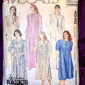 May include: McCall's sewing pattern for women's robes and dresses. The pattern features various designs, including long-sleeved and short-sleeved options, with details like bows and pockets. The package is labeled "Easy" and "Fashion Basics."