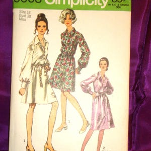 70s Bust 38 Step In Dress Partial Front Button Loop Close Pointed Collar Long Cuffed Sleeves Elastic Waistline Sash FF Simplicity 9008