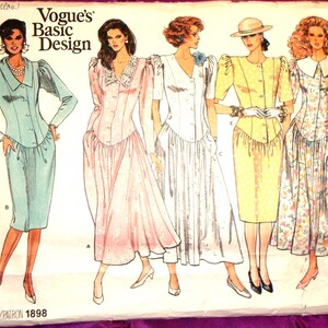 80s Bust 34 Dress Fitted Top Round n V Neck Opt Collar Low Shaped Waist Full n Slim Skirt Short n Long Gathered Cap Sleeves CMPLT Vogue 1898