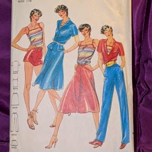May include: Butterick sewing pattern 3160, size 14, featuring illustrations of four outfits including a rainbow striped tank top, red shorts, a blue collared shirt with a matching skirt, a rainbow striped tank top with a red skirt, and a red shirt with blue pants.