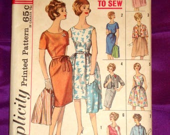 60s EASY Separates Dress w Slim or Full Skirt Sleeveless n Short Sleeves w Open Front Jacket or Vest 7 Views CMPLT Simplicity 4298 Bust 34