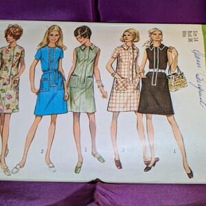 70s Bust 36 Step In A Line Dress Hidden Front Zipper Sleeveless n Short Slvs Patch Pockets Opt Collar Tie Belt 3 Vws CMPLT Simplicity 8809