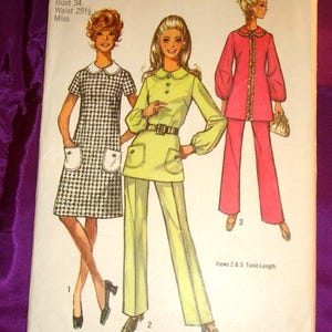 70s A Line Knee Lngth Dress or Below Hip Tunic Round Collar Patch Pockets Short n Long Sleeve Contrast Trim NO PANTS Simplicity 9082 Bust 34