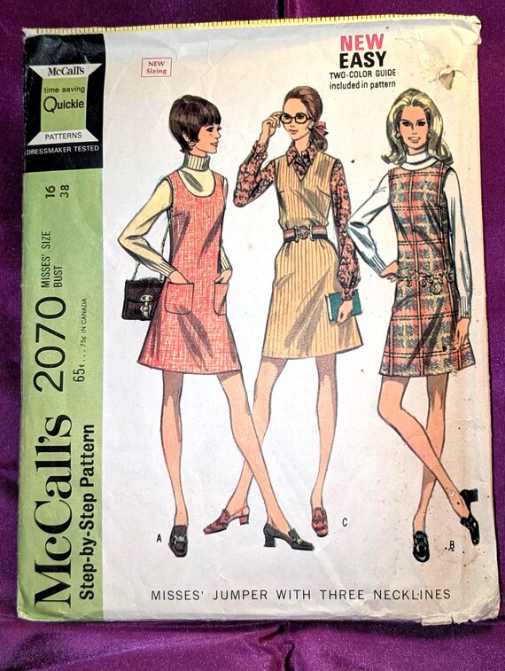 60s EASY Bust 38 Sleeveless Dress Jumper Abv Knee Length U V or Round  Neckline Optional Patch Pockets NO VW A Front Neck Facing Mccalls 2070 -  Etsy