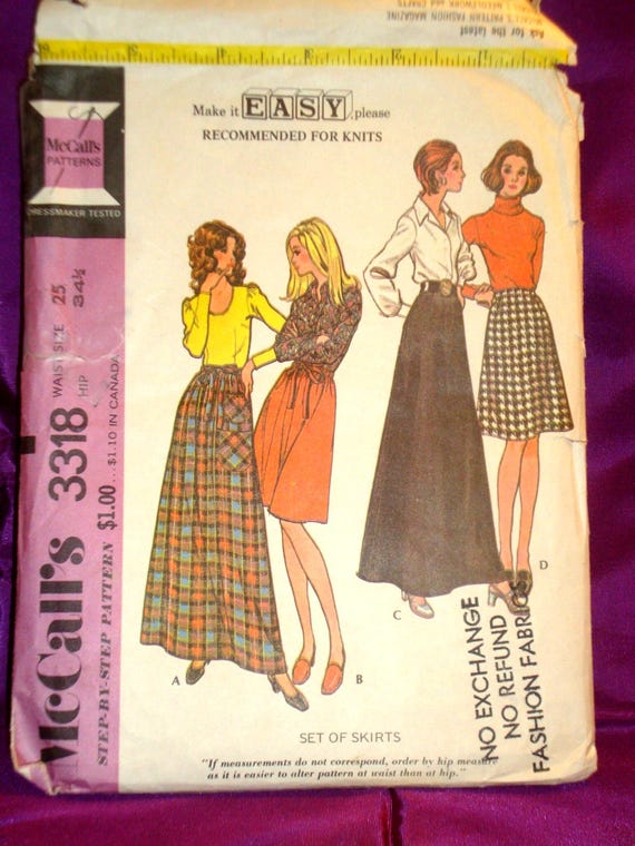 70s EASY A Line Skirt Knee or Floor Length Views Elastic Waist