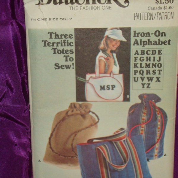 70s Handbag Tote Sports Tennis Bag Carryall Set of 3 BoHo Hippie Casual with Iron On Alphabet Transfer Pieces Butterick 4900 One Size