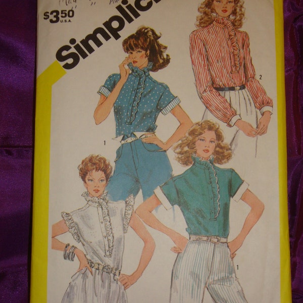 80s Blouse Ruffle Trim Front Button Neckband n Collar Slvls w Ruffle Short n Long Turn Back Cuff Slvs CMPLT Simplicity 5848 Bust US 36 CM 92