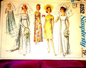 60s Bust 33 Bridal Maids Gown 2 Lengths Round Neck High Waist A Line Skirt Sleeveless Short n Long Sleeve Detach Train CMPLT Simplicity 6352