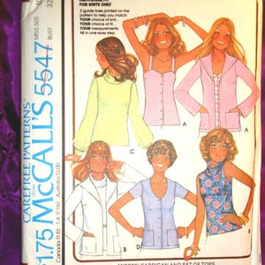 May include: A McCall's 5547 sewing pattern envelope for misses' cardigans and tops for unbonded stretchable knits. The front features illustrations of various garments including a light green long-sleeve top, a pink button-down top, a pink cardigan, a white cardigan, a blue short-sleeve top, and a floral print sleeveless top.