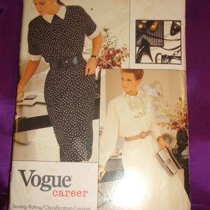 80s EASY Dress Concealed Front Button Pointed Collar Straight or Flared Skirt Short or Long Cuffed Sleeves FF Vogue 7152 Bust 30.5 31.5 32.5