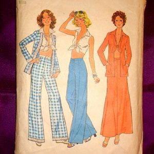 May include: Vintage Simplicity sewing pattern featuring three 1970s fashion designs. The pattern includes a blue and white checkered pantsuit, a light blue pants outfit, and an orange jacket and skirt ensemble. The pattern is size 12, bust 34 inches.