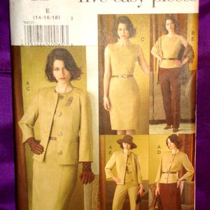 May include: A Vogue V8137 sewing pattern envelope titled five easy pieces, featuring illustrations of a tan jacket, skirt, and trousers ensemble in various combinations, with size E (14-16-18) and a barcode printed on the white paper packaging.