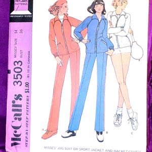 70s Bust 36 Active Wear Front Zip Jacket Collar Long Raglan Sleeves Pants Lower Leg Zippers Elastic Waist Racket Cover CMPLT McCalls 3503