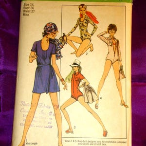 70s Mod BoHo Separates Bodysuit 4 Views Short and Long Sleeves Wrap n Tie Mini Skirt n Drawstring Bag FF Simplicity 8880 Bust 36