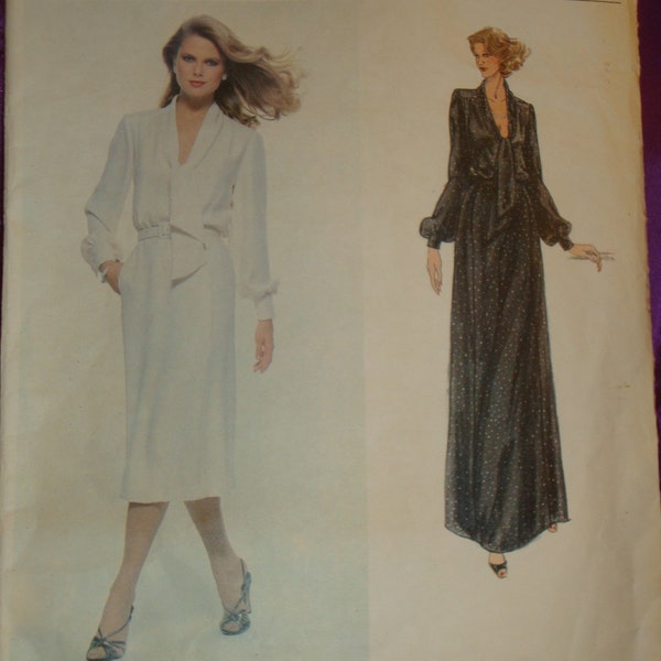 70s PiERRE BALMAiN Dress Deep V Tie Neck Long Slvs Straight Skirt Knee n Back Vented Evening Lgth Side Pockets CMPLT Vogue 1857 Bust US 32.5