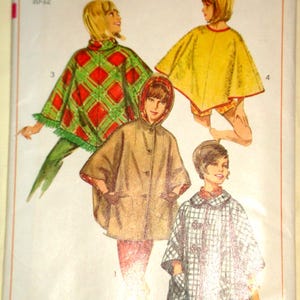 60s Bust 31 32 Mod HIppie Poncho Rounded Front Button w Opt Fringe n Hood n Pointed Pullover w Shoulder Zipper Lined Unlined Simplicity 6651